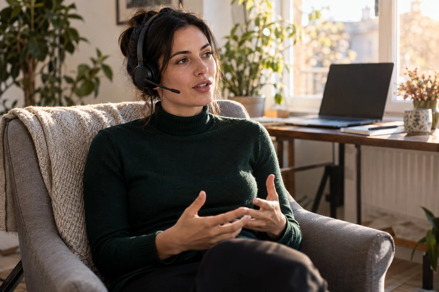 KI-generierte Szene: Eine Person denkt im Sessel laut über ihren Text nach und diktiert über ein Headset.