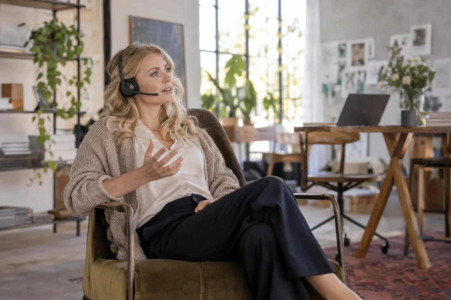 KI-generierte Szene: Eine Person spricht im Lounge-Bereich eigene Gedanken über ein Headset ein.