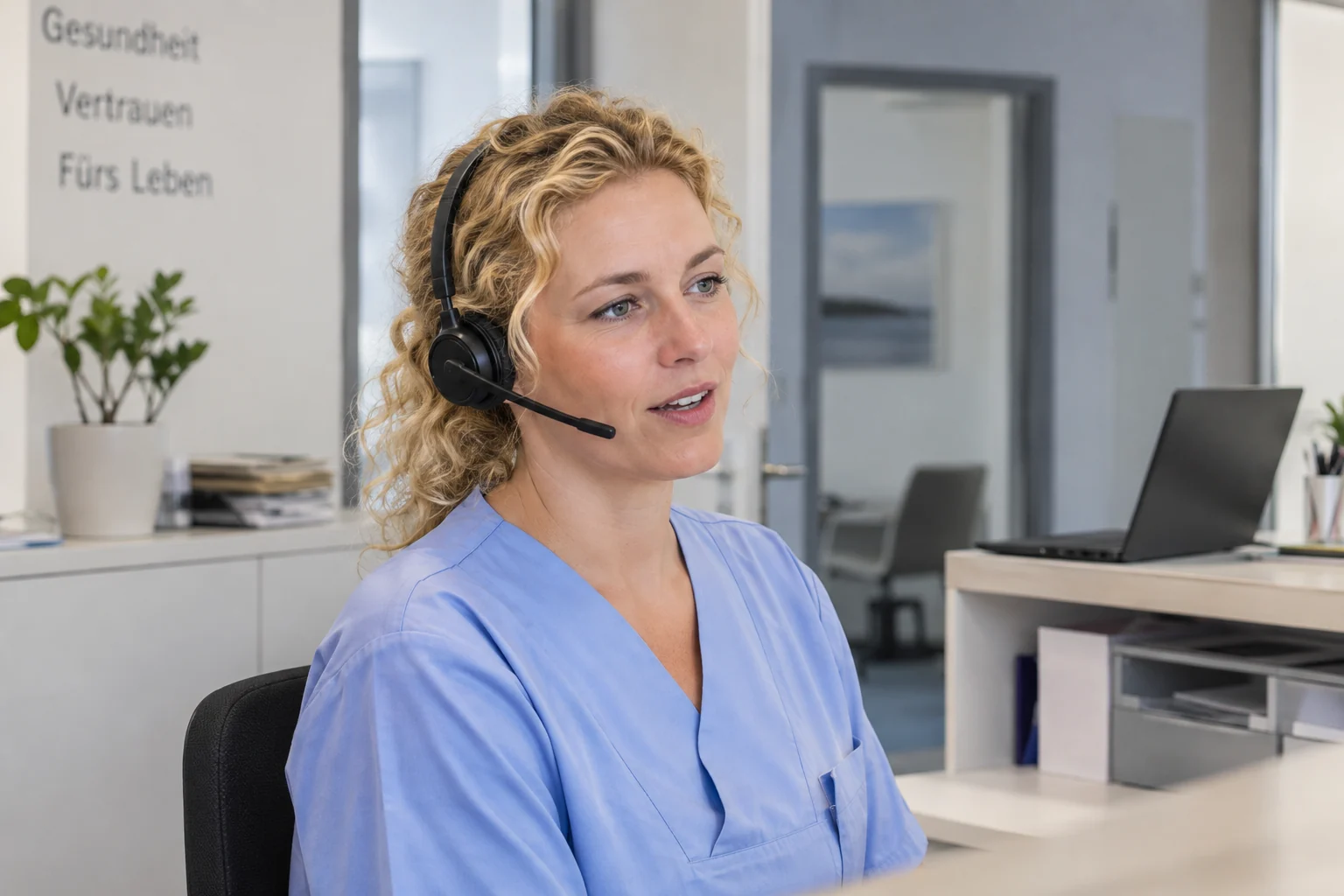 KI-generierte Szene: Eine MFA mit blonden Locken diktiert in einer Arztpraxis über ihr Headset; keine Patientendaten sind sichtbar.