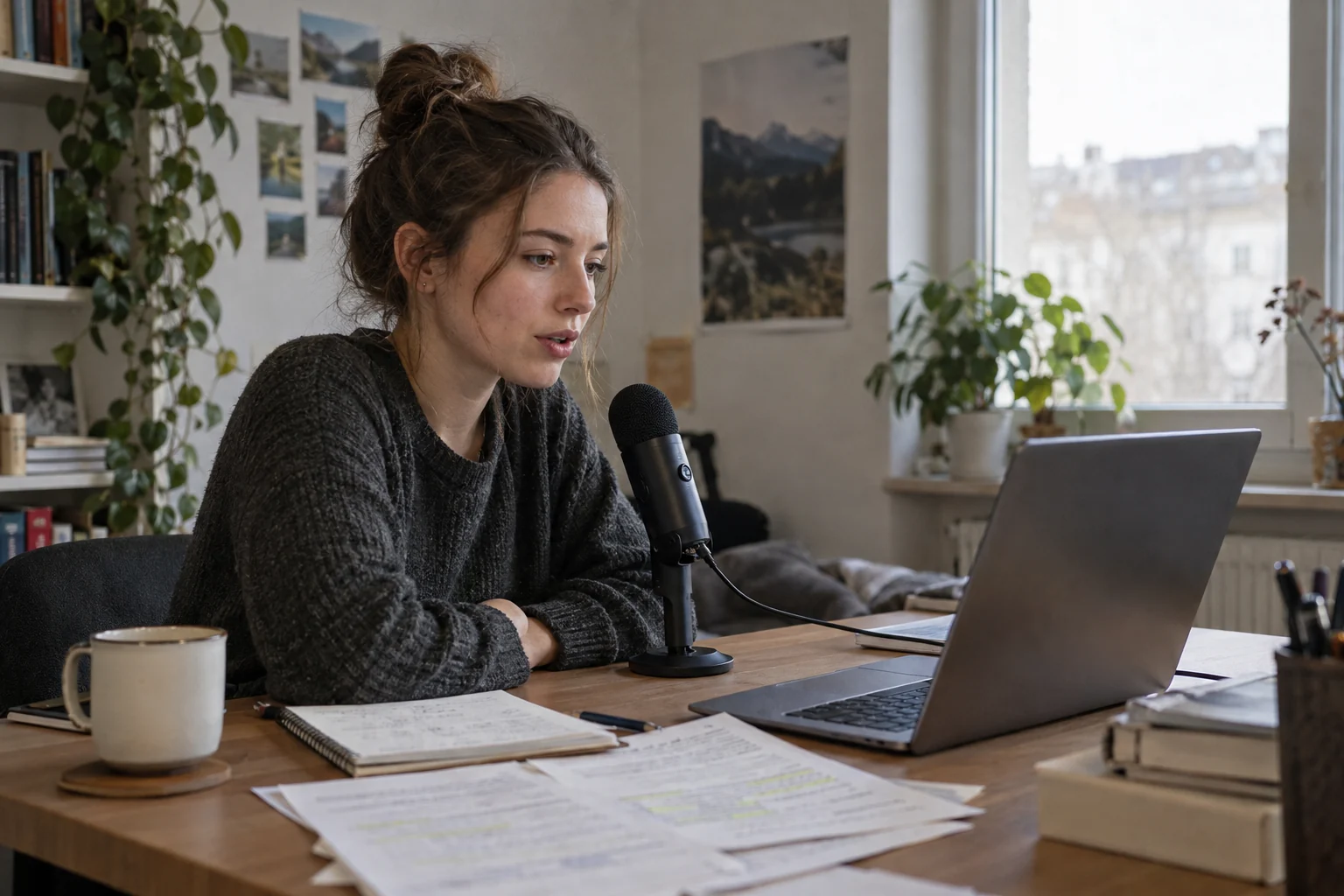 KI-generierte redaktionelle Szene zum Thema: Bachelorarbeit diktieren statt tippen: So bringst du deine eigenen Gedanken schneller aufs Papier
