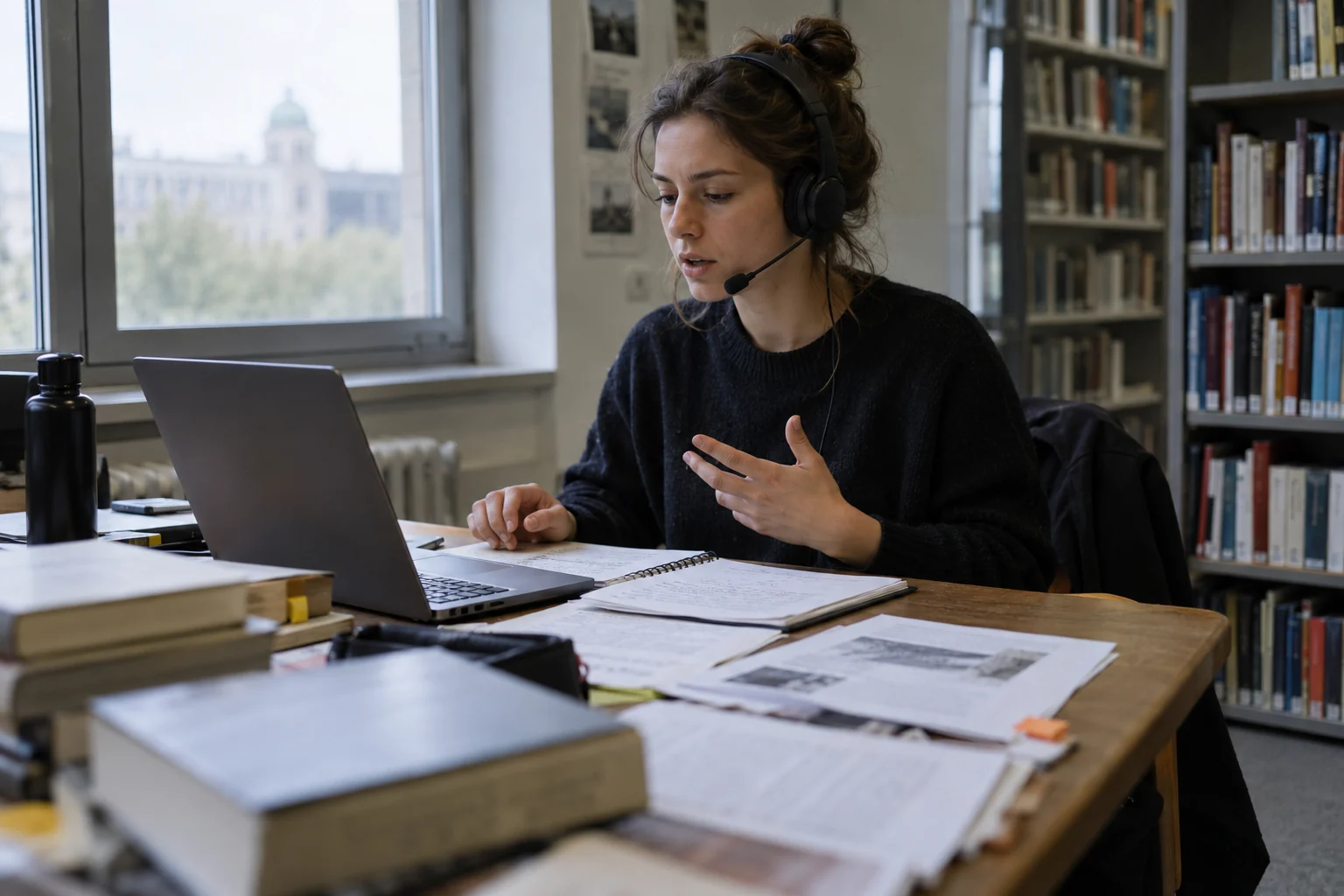 KI-generierte Szene: Eine Frau diktiert mit Headset am Laptop, neben ihr liegen Bücher und Notizen.