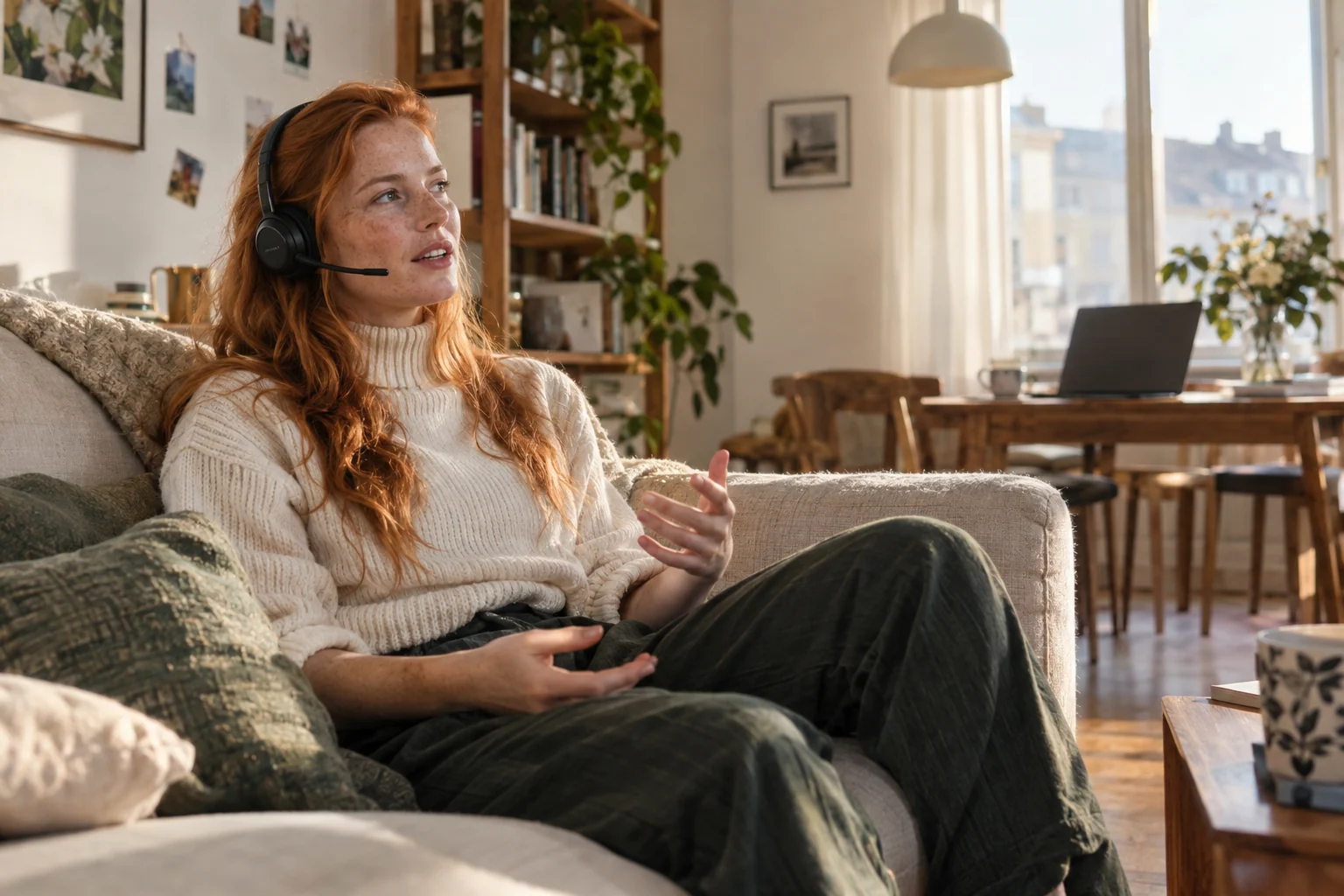 KI-generierte Szene: Eine Person diktiert entspannt auf dem Sofa mit Headset; der offene Laptop steht hinten rechts.