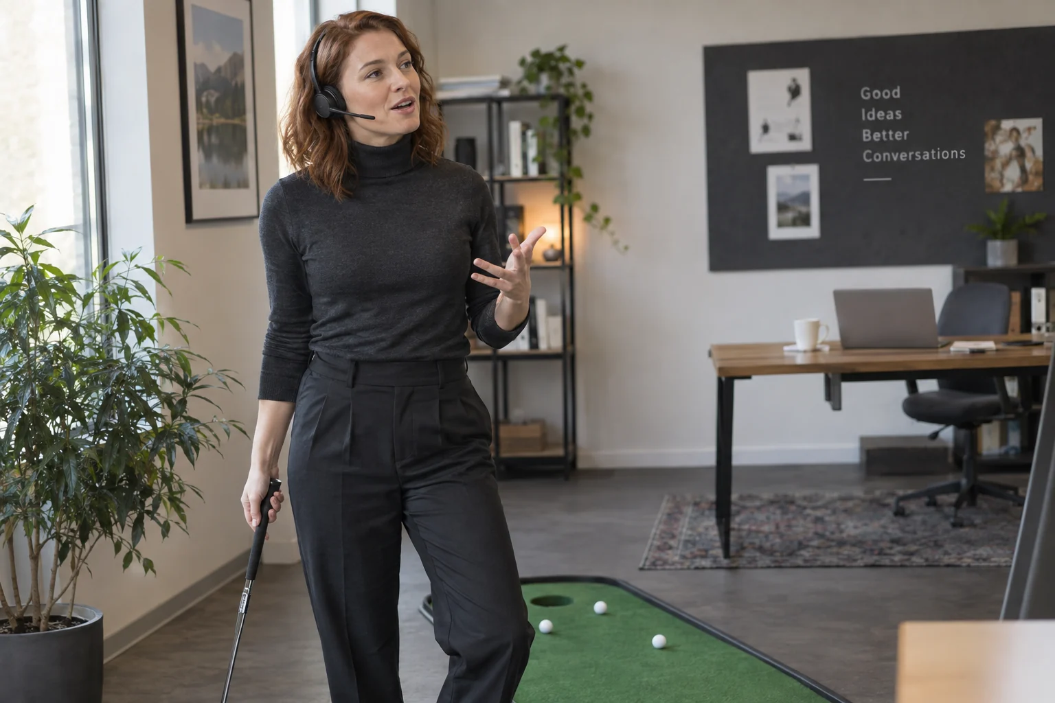 KI-generierte Szene: Eine Person hält beim Büro-Minigolf eine Idee über ihr Headset fest; der Laptop steht im Hintergrund.