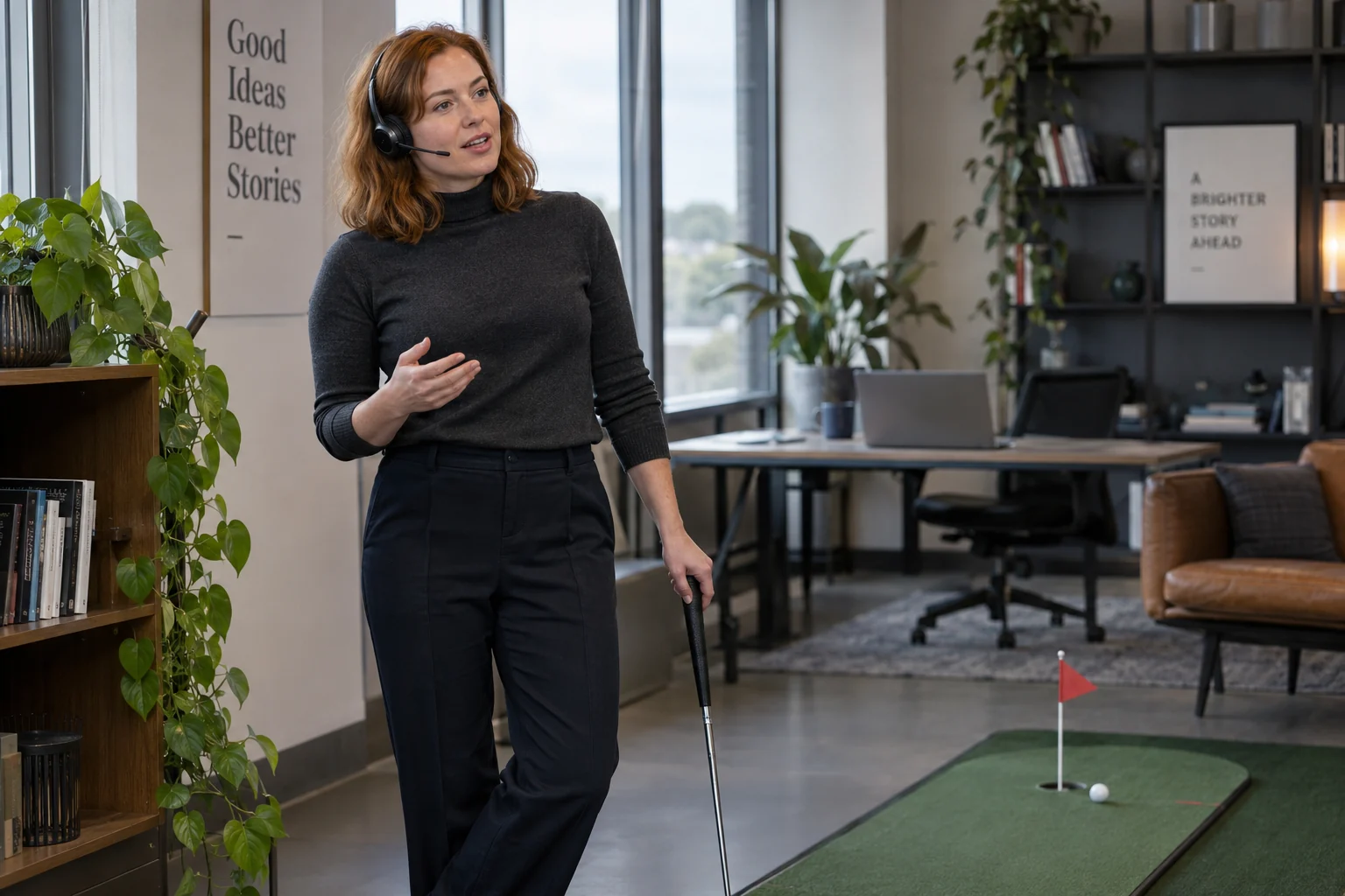 KI-generierte Szene: Eine Person hält beim Büro-Minigolf eine Idee über ihr Headset fest; der Laptop steht im Hintergrund.