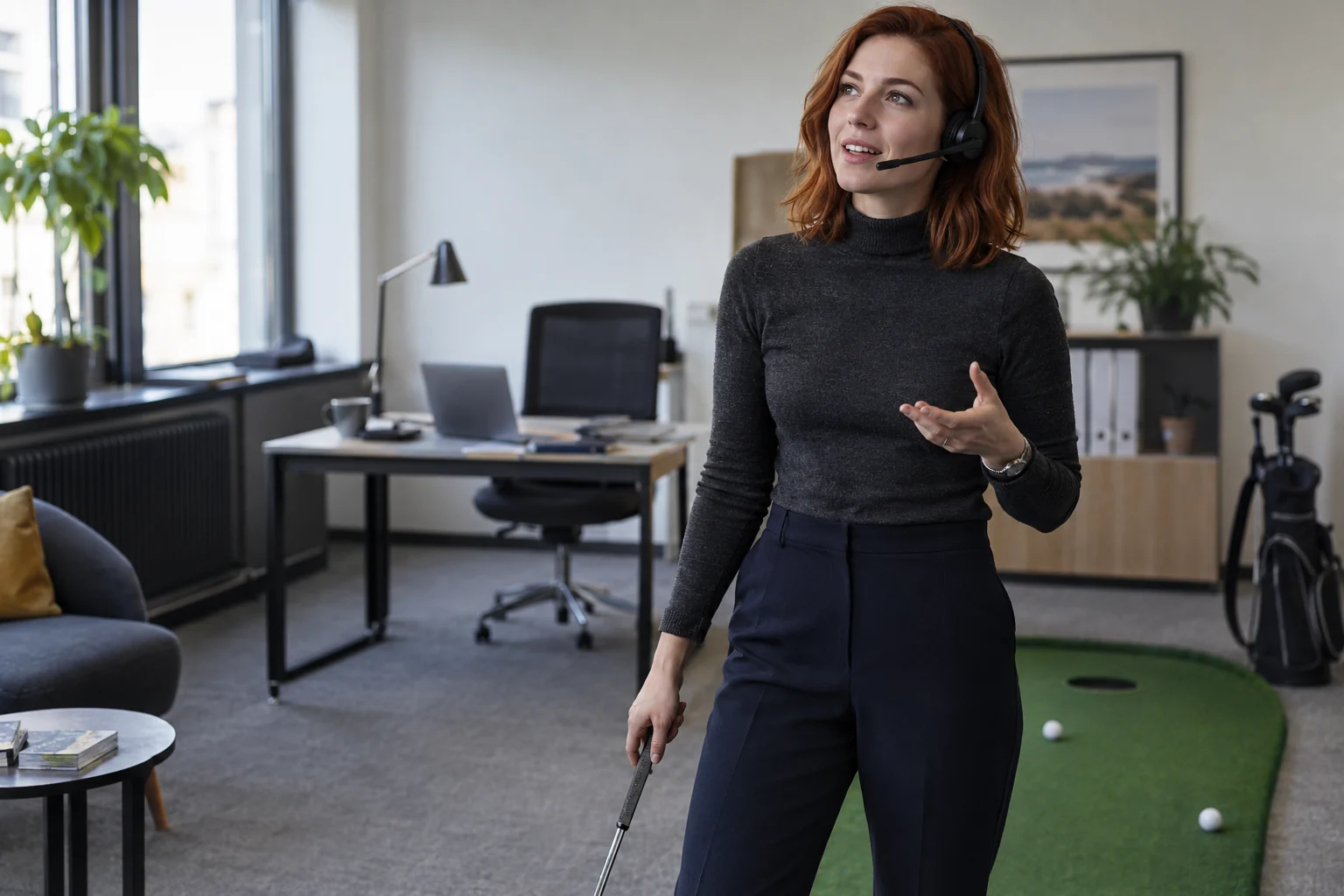 KI-generierte Szene: Eine Person hält beim Büro-Minigolf eine Idee über ihr Headset fest; der Laptop steht im Hintergrund.