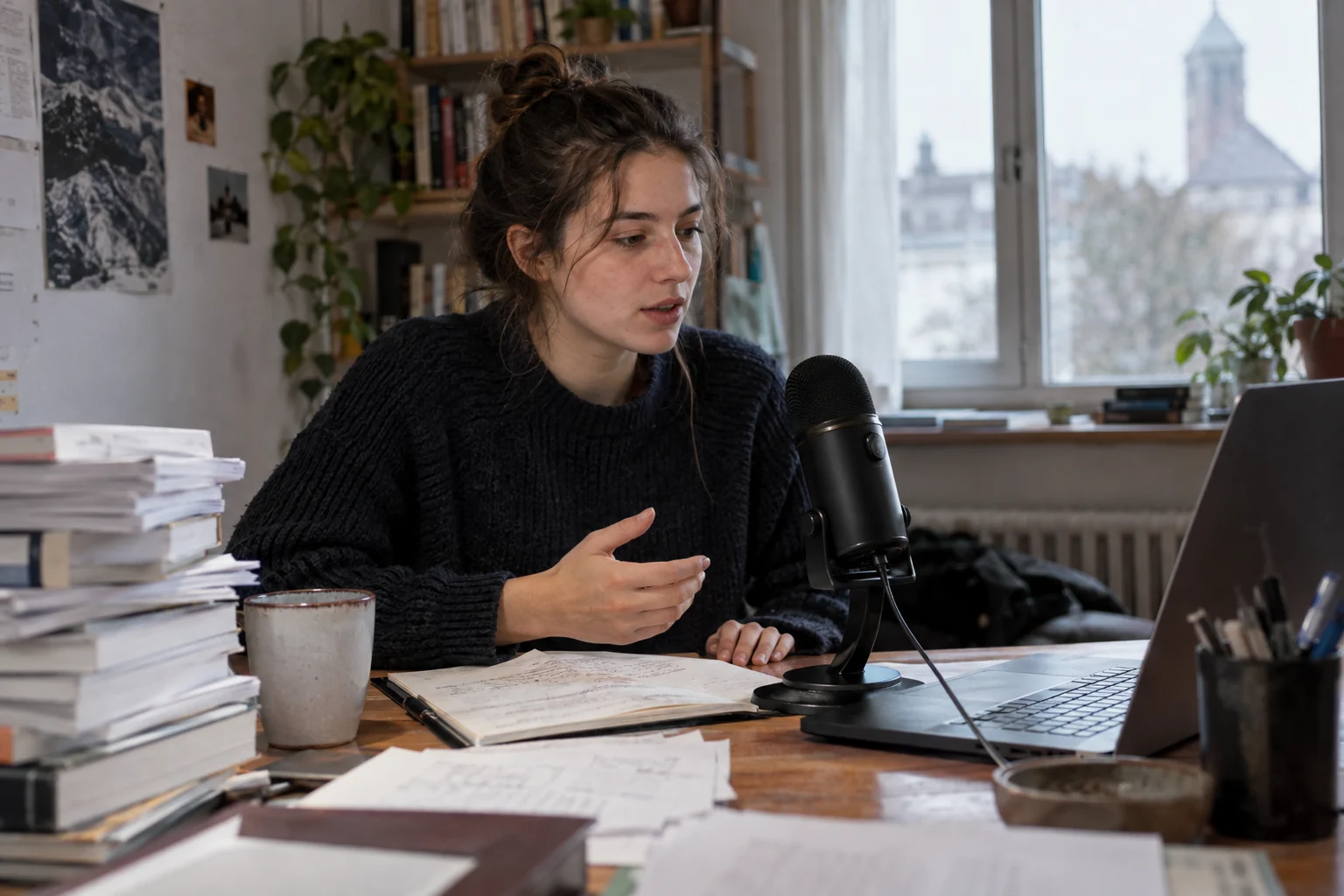 KI-generierte redaktionelle Szene zum Thema: Eigene Worte statt KI-Text: So nutzt du Spracheingabe beim wissenschaftlichen Schreiben