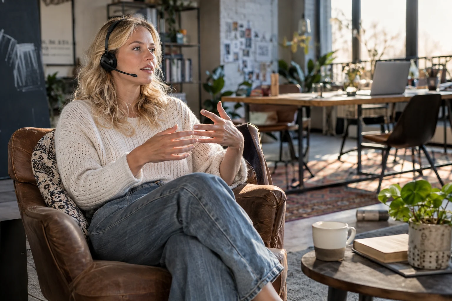 KI-generierte Szene: Eine Person spricht im Lounge-Bereich eigene Gedanken über ein Headset ein.