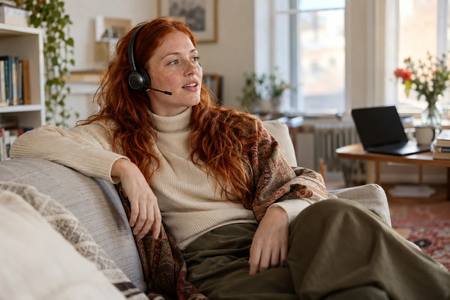 KI-generierte Szene: Eine Person diktiert entspannt auf dem Sofa mit Headset; der offene Laptop steht hinten rechts.