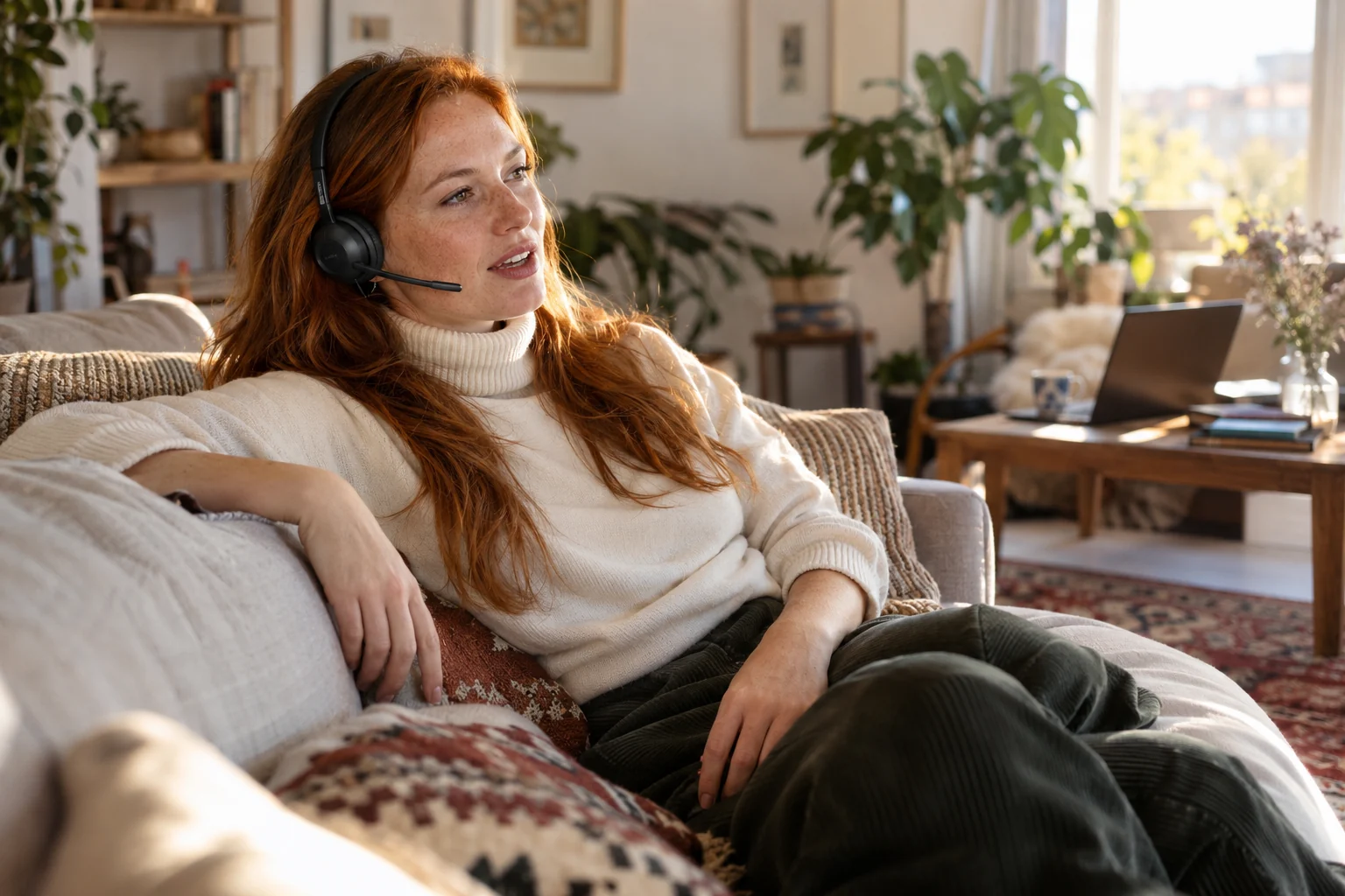 KI-generierte Szene: Eine Person diktiert entspannt auf dem Sofa mit Headset; der offene Laptop steht hinten rechts.