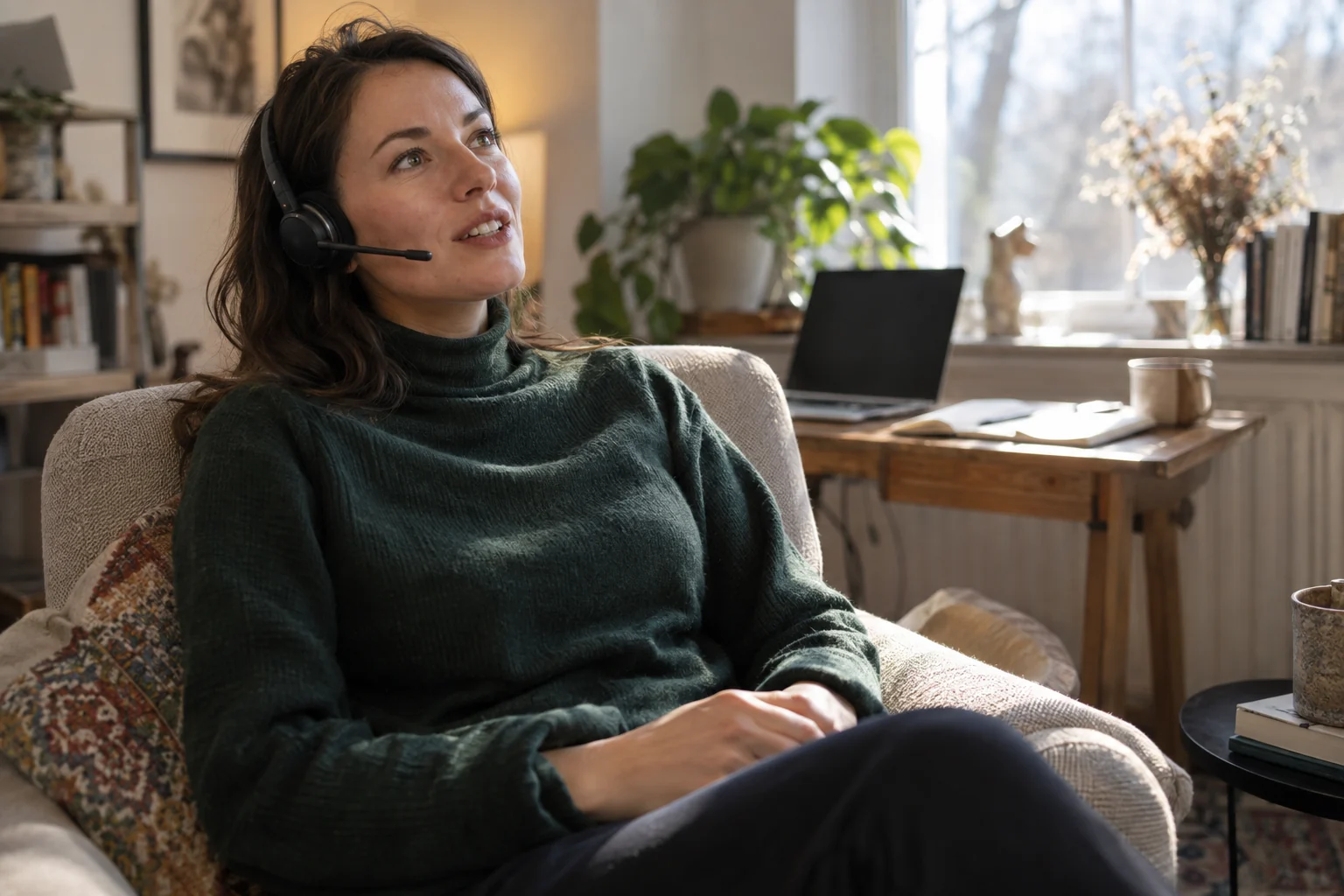 KI-generierte Szene: Eine Person denkt im Sessel laut über ihren Text nach und diktiert über ein Headset.
