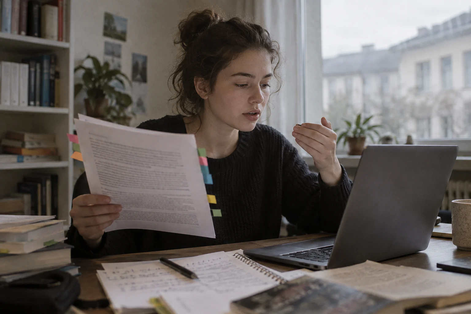 KI-generierte redaktionelle Szene zum Thema: Hausarbeit diktieren: Funktioniert wissenschaftliches Schreiben mit Sprache?