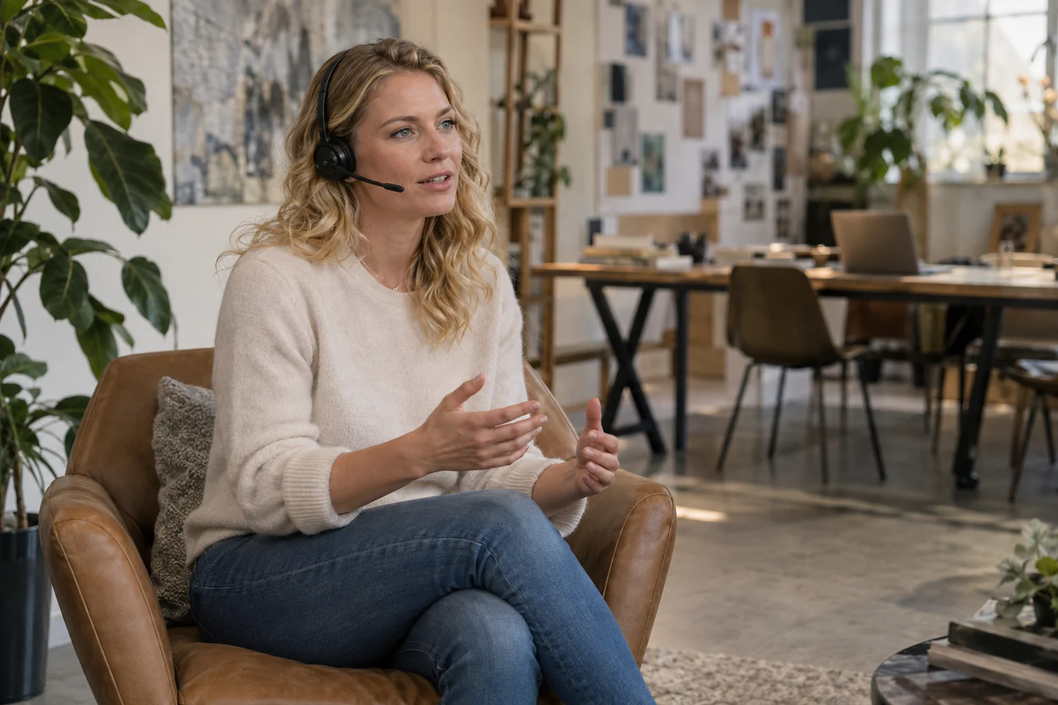 KI-generierte Szene: Eine Person spricht im Lounge-Bereich eigene Gedanken über ein Headset ein.