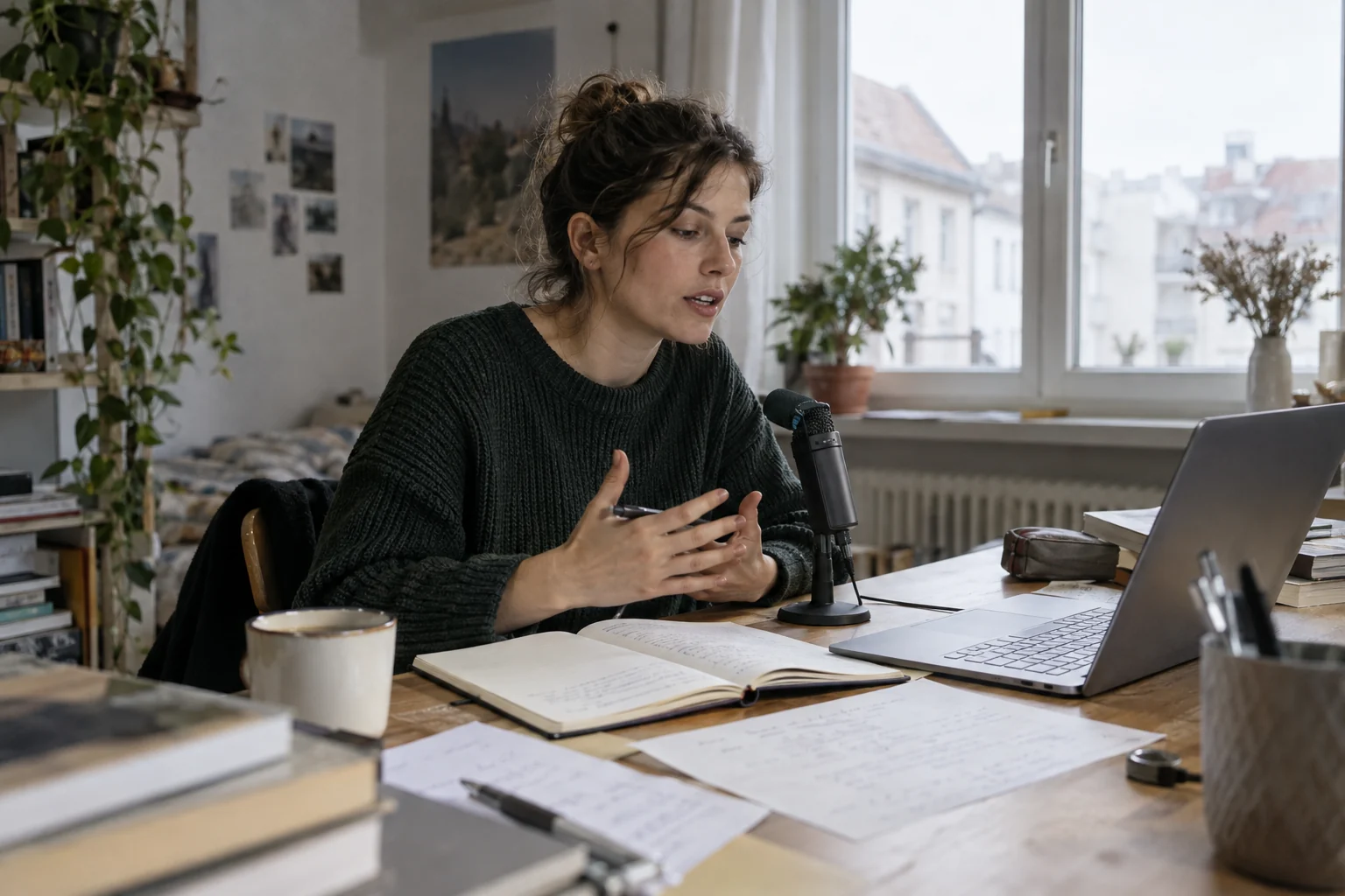 KI-generierte Szene: Eine Frau spricht am Schreibtisch in ein Mikrofon; Laptop, Bücher und Notizen liegen bereit.