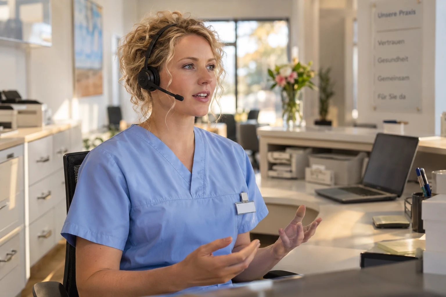 KI-generierte Szene: Eine MFA mit blonden Locken diktiert in einer Arztpraxis über ihr Headset; keine Patientendaten sind sichtbar.