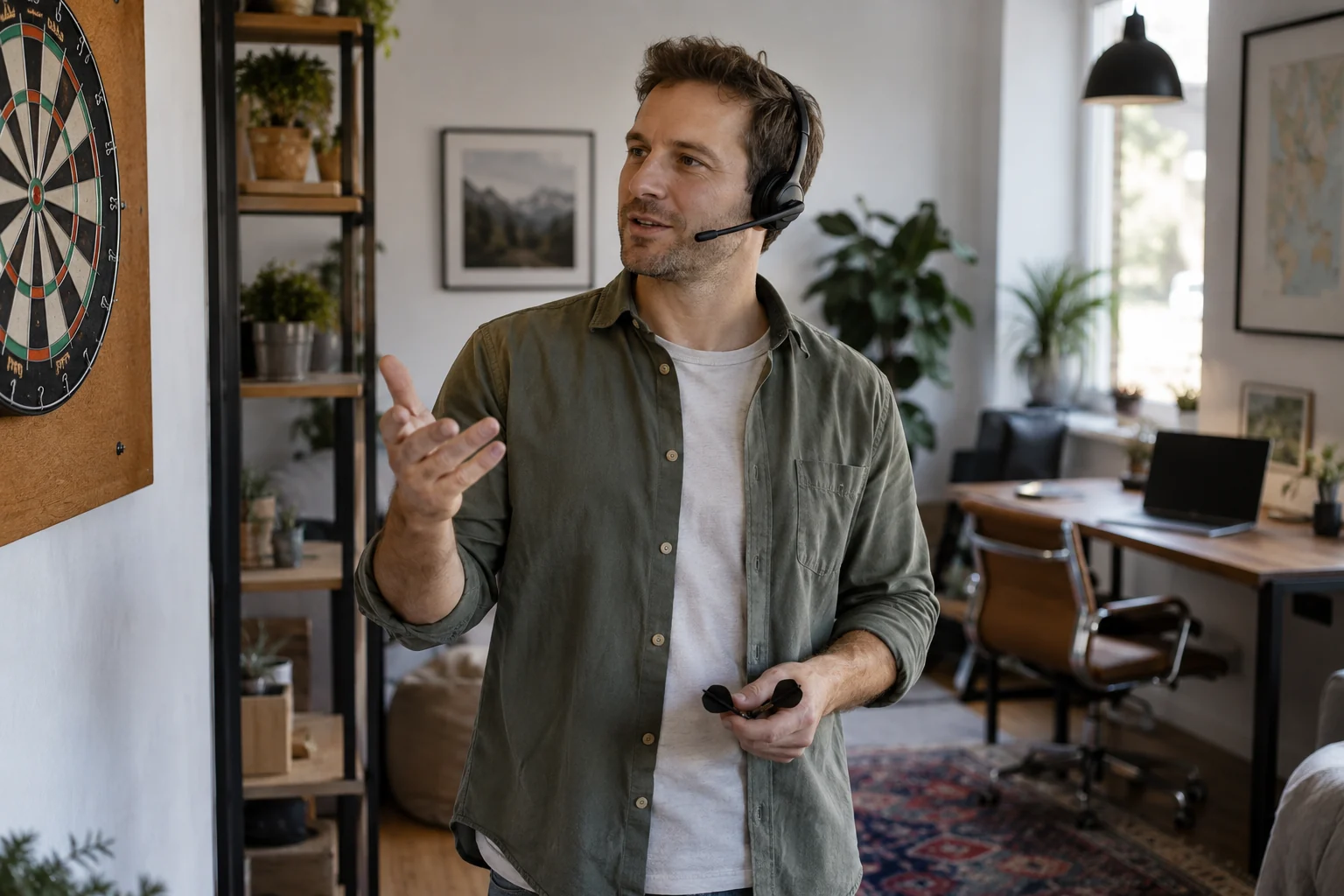KI-generierte Szene: Eine Person spricht beim Dartspielen eine Idee ins Headset; der Laptop steht abseits im Büro.