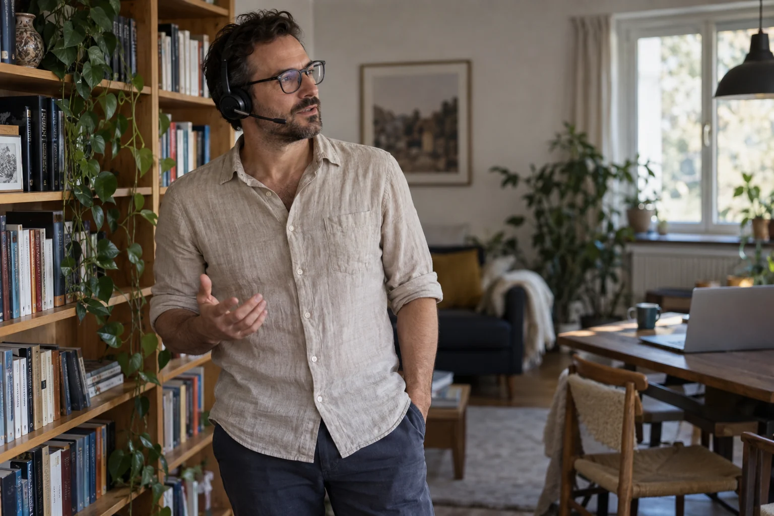 KI-generierte Szene: Eine Person diktiert im Stehen am Bücherregal; der offene Laptop steht im Hintergrund.