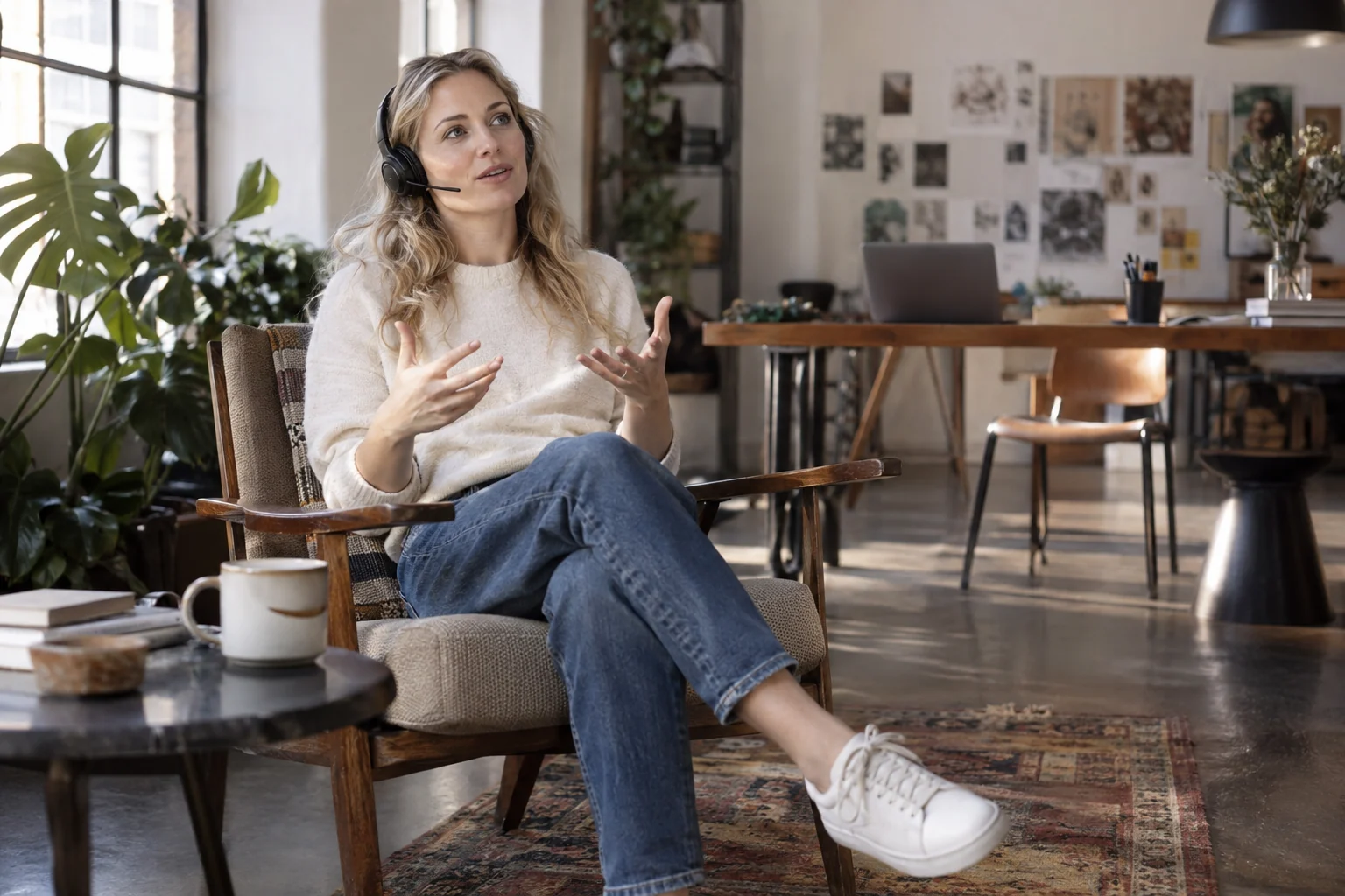 KI-generierte Szene: Eine Person spricht im Lounge-Bereich eigene Gedanken über ein Headset ein.