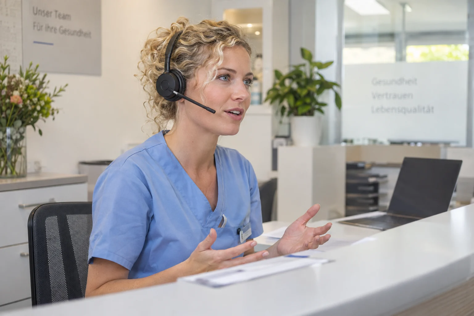 KI-generierte Szene: Eine MFA mit blonden Locken diktiert in einer Arztpraxis über ihr Headset; keine Patientendaten sind sichtbar.