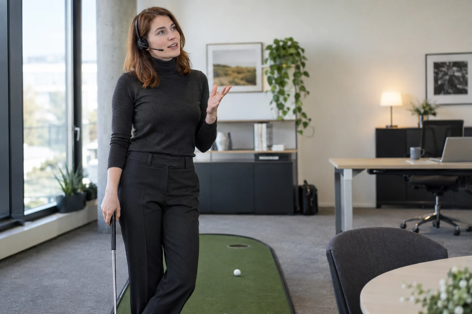 KI-generierte Szene: Eine Person hält beim Büro-Minigolf eine Idee über ihr Headset fest; der Laptop steht im Hintergrund.