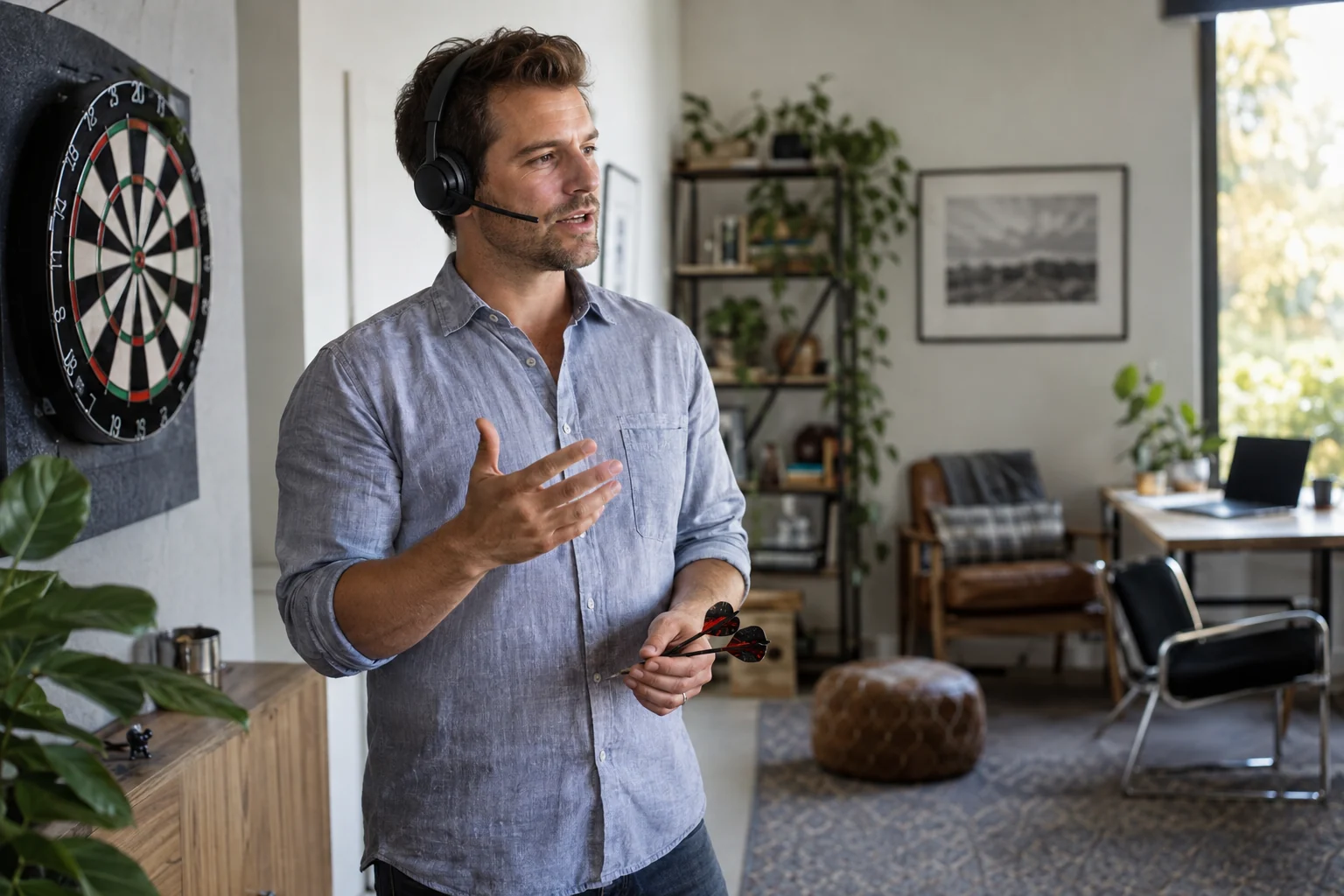 KI-generierte Szene: Eine Person spricht beim Dartspielen eine Idee ins Headset; der Laptop steht abseits im Büro.