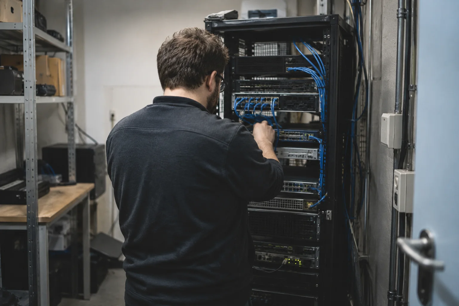 Illustrative Szene: Ein IT-Mitarbeiter prüft einen kleinen Serverschrank.