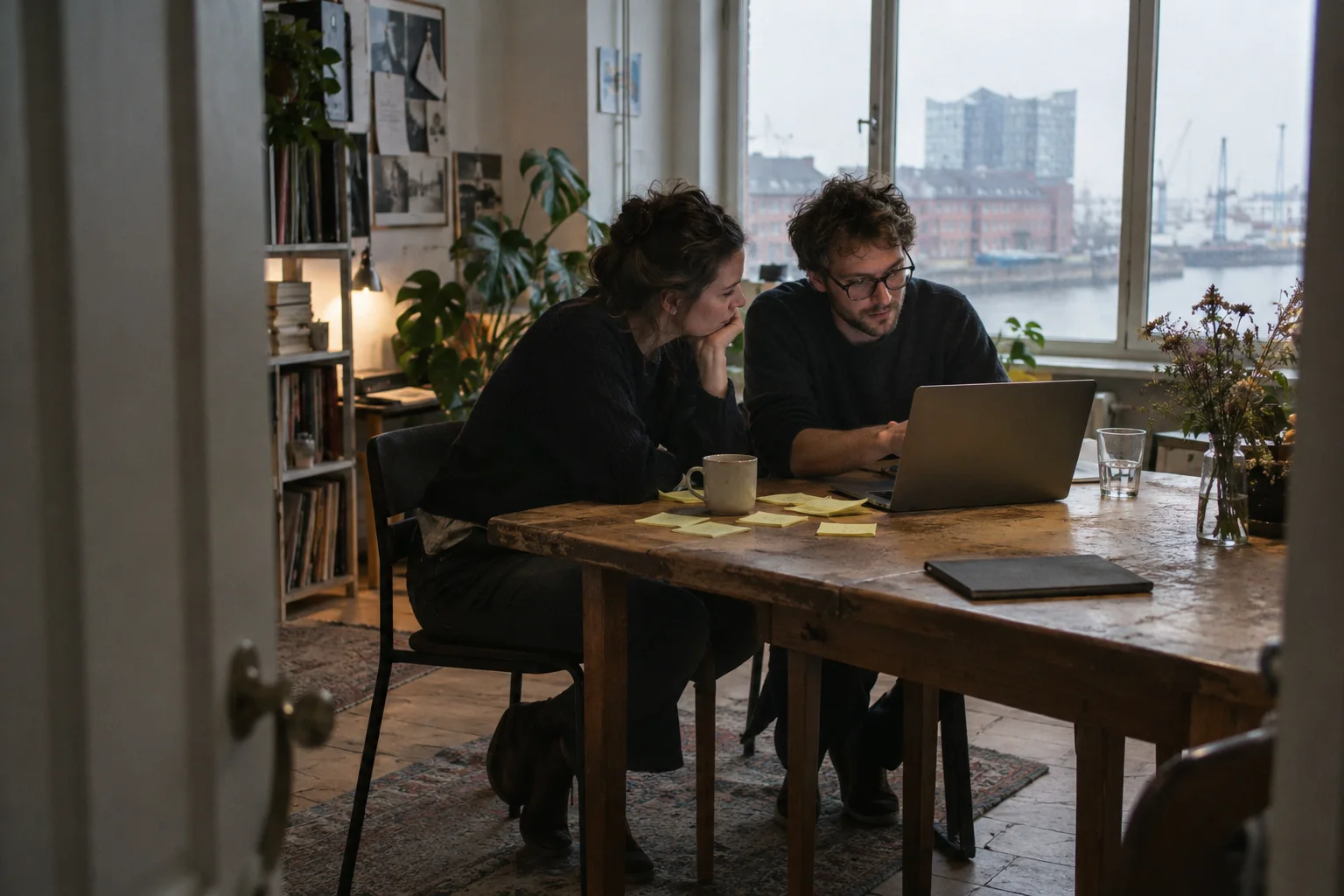 Illustrative Szene: Zwei Menschen besprechen einen Arbeitsauftrag am Laptop.