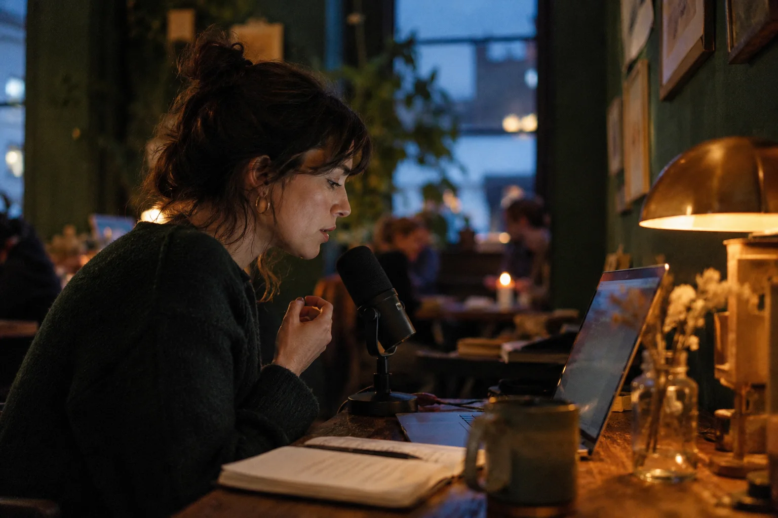 Illustrative Szene: Konzentriertes Diktieren am Arbeitsplatz.